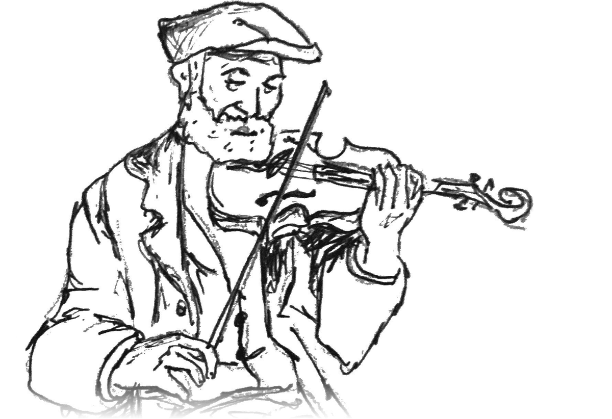 Pen-and-ink drawing of a seated fiddler